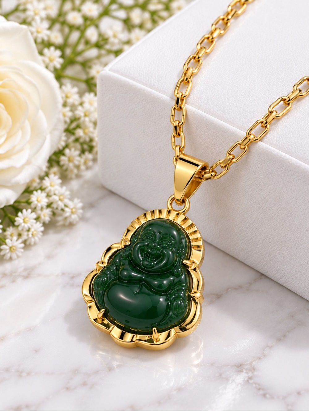 Gold-Plated Green Jade Laughing Buddha Pendant Necklace - Women Jewelry